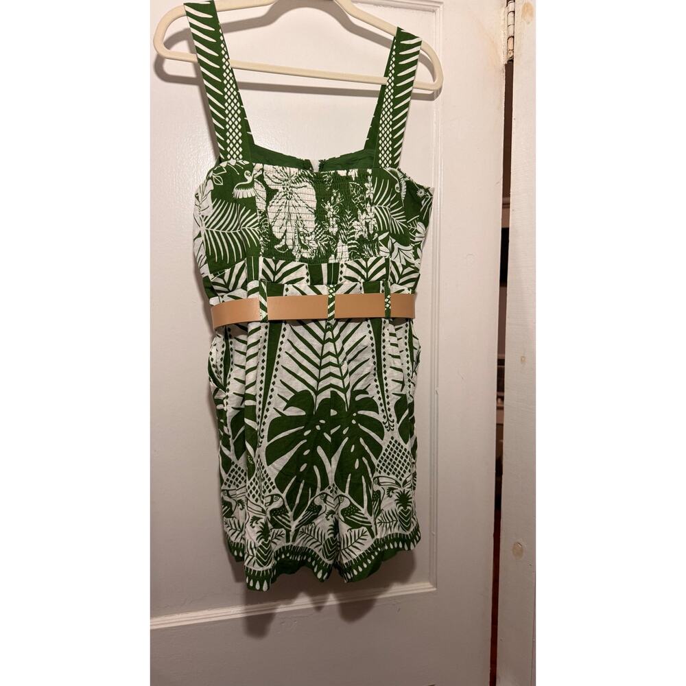 Farm Rio Macaw Elegance Tropical Romper Green Cream Sleeveless M (has call outs) - Picture 6 of 9